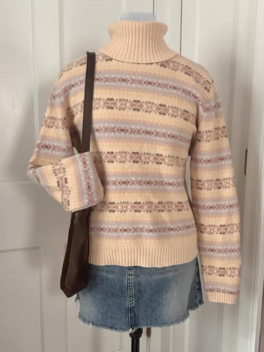 Carroll Reed pinky beige striped patterned lamb's wool turtleneck sweater